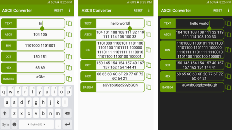 ASCII, BIN, OCT, HEX, BASE64 Text Encoder