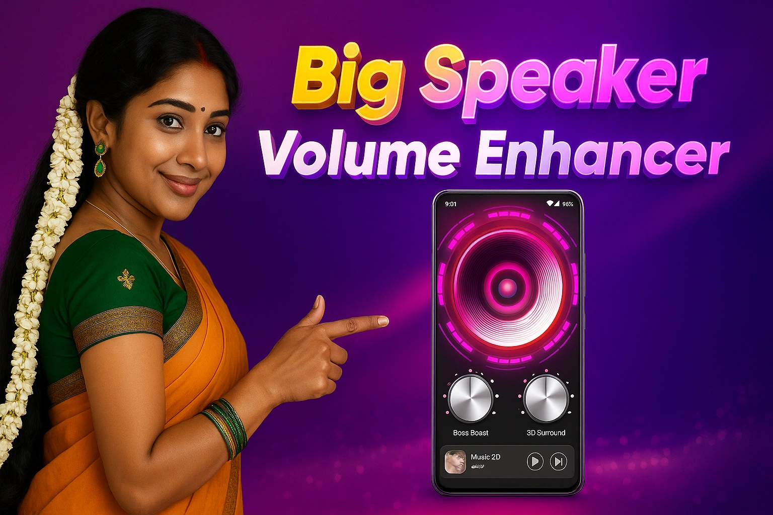 A promotional digital banner featuring a traditionally dressed South Indian woman with long black hair adorned with a jasmine garland, wearing an orange saree with a green blouse and matching green bangles. She stands smiling and pointing to a large smartphone screen displaying the “Big Speaker Volume Enhancer” app interface, which shows a vibrant pink and purple speaker graphic with "Bass Boost" and "3D Surround" controls. The background is a gradient of deep violet and magenta with bold 3D-style text reading “Big Speaker Volume Enhancer” in colorful, glowing letters. This visually engaging image is optimized for WordPress and social media previews with a clean, sharp 16:9 aspect ratio and clear app branding.