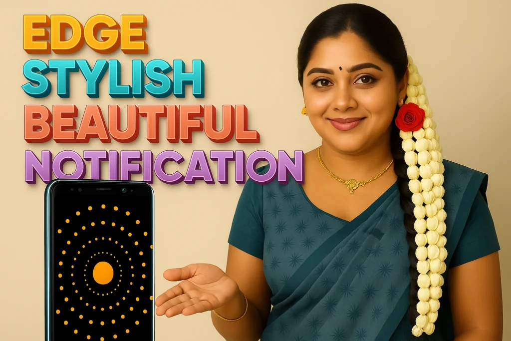 A woman, possibly actress Ramya, is shown from the chest up, with her right hand extended towards a smartphone in the lower left corner. She is wearing a teal-colored saree and a matching blouse, with a long strand of white jasmine flowers adorned with a single red rose tucked into her dark hair, which is styled over her left shoulder. She has a bindi on her forehead and a delicate gold necklace. The smartphone screen displays an orange circle with radiating yellow dots. To the left of the woman, large, colorful 3D text reads "EDGE," "STYLISH," "BEAUTIFUL," and "NOTIFICATION" in shades of orange, blue, red, and purple. The background is a plain light brown or beige.