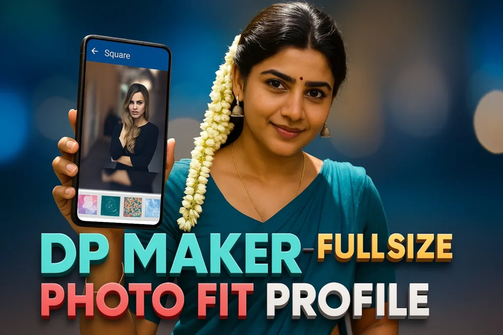 A promotional image for a "DP Maker" app, featuring a smiling woman holding a smartphone that displays an image of another woman. The woman in the foreground has dark hair pulled back, adorned with a long string of white flowers cascading over her left shoulder. She is wearing a teal-colored sari and silver jhumka earrings. A small red bindi is visible on her forehead, and she has a delicate gold chain around her neck. She is looking directly at the viewer with a friendly expression. The smartphone in her left hand shows a portrait of a woman with light brown hair wearing a black top. Below the image on the phone, there are three small square icons with different patterns. At the top of the phone screen, "Square" and a back arrow are visible. Below the woman and the phone, large, bold text in shades of blue and orange reads "DP MAKER FULL SIZE" on the top line, and "PHOTO FIT PROFILE" on the bottom line in shades of pink and orange. The background is a blurred cityscape at night with bokeh lights.