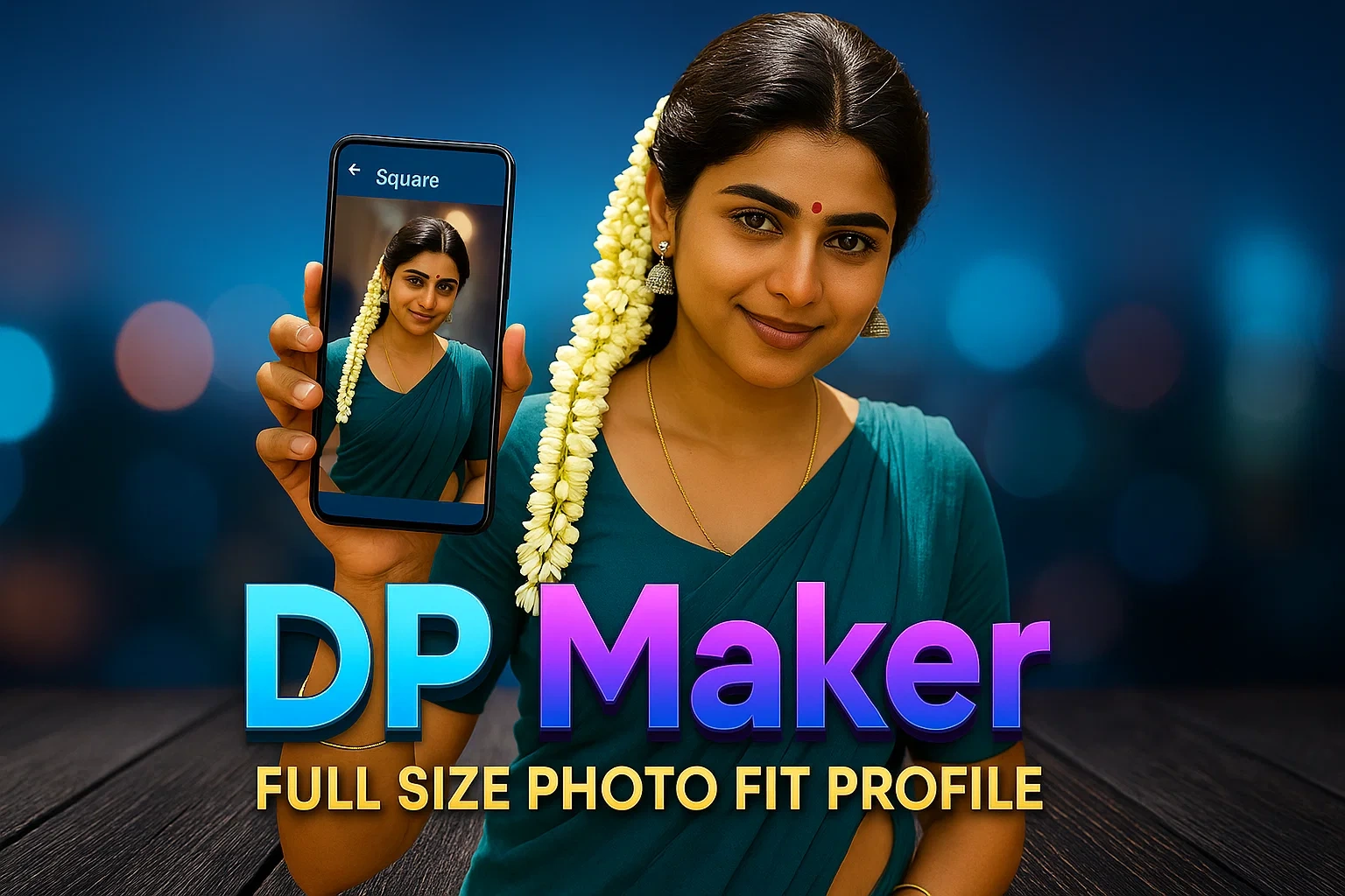 A promotional image for a "DP Maker" app, featuring a smiling woman holding a smartphone that displays her own image. The woman in the foreground has dark hair pulled back, adorned with a long string of white flowers cascading over her left shoulder. She is wearing a teal-colored sari and silver jhumka earrings. A small red bindi is visible on her forehead, and she has a delicate gold chain around her neck. She is looking directly at the viewer with a friendly expression. The smartphone in her left hand shows a cropped version of her photo, with "Square" and a back arrow visible at the top. Below the woman and the phone, large, glowing blue and pink text reads "DP Maker," with "FULL SIZE PHOTO FIT PROFILE" in yellow text underneath. The background is a blurred cityscape at night with bokeh lights, transitioning to a dark, textured surface at the bottom.