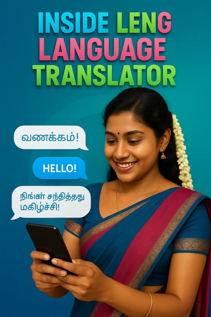 WhatsApp Inside Lens Language Translator: All Text & Voice 1 A cheerful South Indian woman in a blue and magenta saree with jasmine garland in her hair, using a smartphone with excitement. Overlaid text bubbles show language translations: Tamil ("வணக்கம்!", "நீங்கள் சந்தித்தது மகிழ்ச்சி!") and English ("HELLO!"). The poster reads "Inside Leng Language Translator" in bold colorful letters against a blue background. Ideal for promoting multilingual apps or cultural tech innovations.