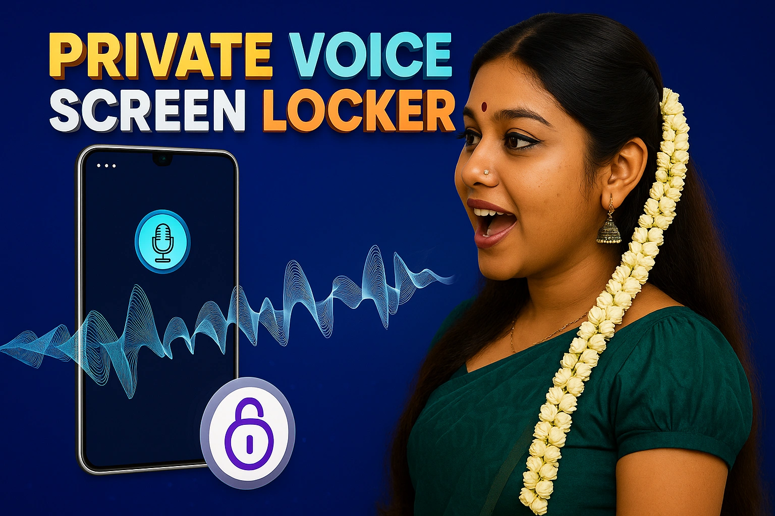 A digital promotional banner for the "Private Voice Screen Locker" app, designed in a 16:9 widescreen layout with sharp 4K clarity. On the right side, a South Indian woman wearing a deep green saree with traditional jasmine flowers in her hair is seen speaking, her mouth open as if giving a voice command. On the left side, a modern smartphone screen displays a glowing microphone icon, with a blue soundwave graphic flowing from her mouth to the phone. A purple padlock icon represents security. The title "PRIVATE VOICE SCREEN LOCKER" appears in bold, 3D-style text with each word in a different vibrant color (yellow, light blue, white, and orange), creating an eye-catching, social media-optimized visual. The background is a rich gradient of deep blue with soft lighting and shadows for a realistic and professional look. Perfect for WordPress featured images, social previews, and app promotions.