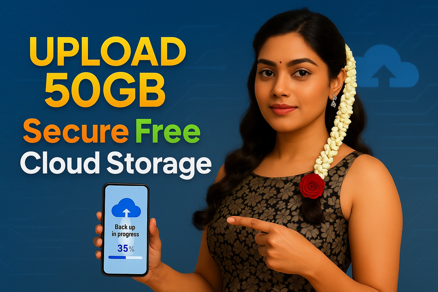 A confident South Asian woman wearing a traditional black and gold floral dress with jasmine and rose flowers in her hair points at a smartphone showing "Back up in progress – 35%". The background features a digital blue design with a cloud upload icon. Bold text beside her reads "Upload 50GB Secure Free Cloud Storage" in multicolor 3D style, promoting fast and secure data backup. Ideal for cloud storage apps, Android backup solutions, and mobile file management promotions.