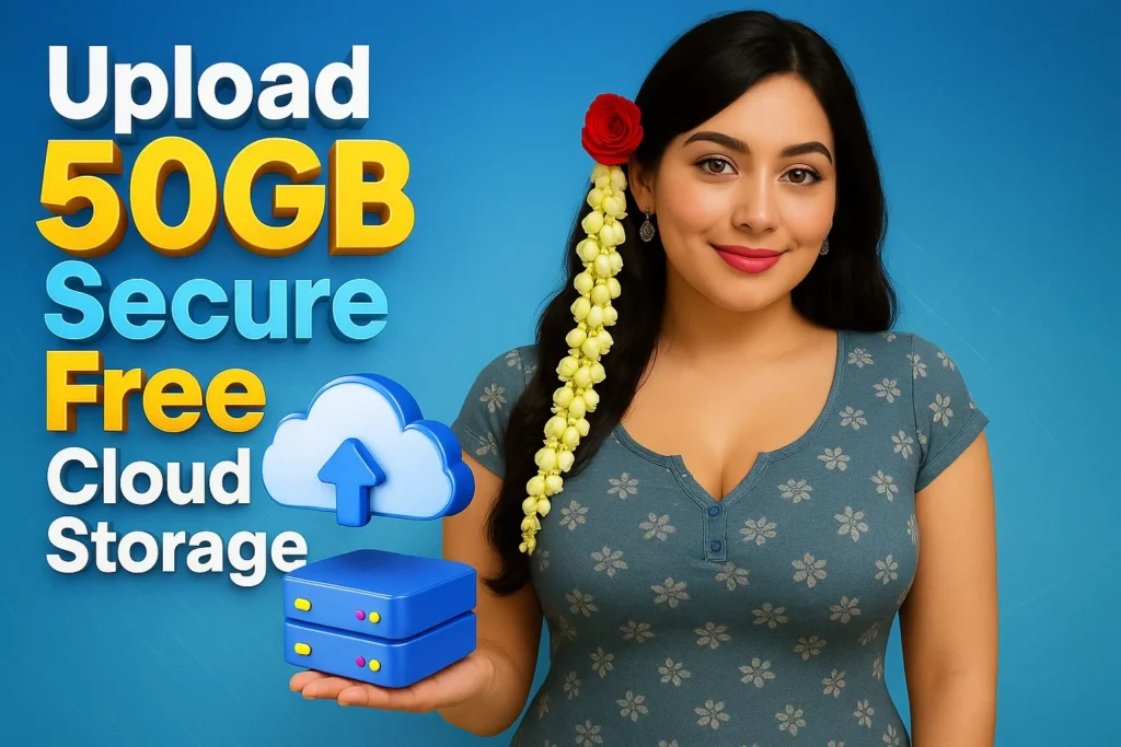 "Promotional image featuring a smiling woman in a blue floral top with jasmine flowers and a red rose in her hair, holding a 3D cloud and server icon. Text highlights 'Upload 50GB Secure Free Cloud Storage' on a vibrant blue background. The design visually communicates safe, large-capacity online file storage with a modern Indian touch, ideal for tech ads and social media marketing."