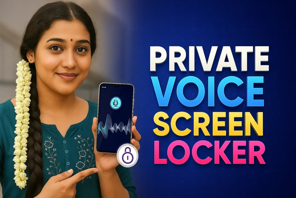 A vibrant promotional banner for the “Private Voice Screen Locker” app. On the right, a traditionally dressed South Indian woman in a dark green saree with jasmine flowers in her hair is seen speaking toward a smartphone. The phone on the left shows a glowing microphone icon and a purple padlock symbol, representing voice-activated screen locking. A blue digital soundwave flows from her mouth to the phone, emphasizing voice input. The bold 3D text “PRIVATE VOICE SCREEN LOCKER” appears at the top in multi-colored letters—yellow, cyan, white, and orange—on a deep blue background, with sharp lighting and modern depth. The image has a 16:9 layout, perfect for WordPress featured image, Google Discover, and social sharing.