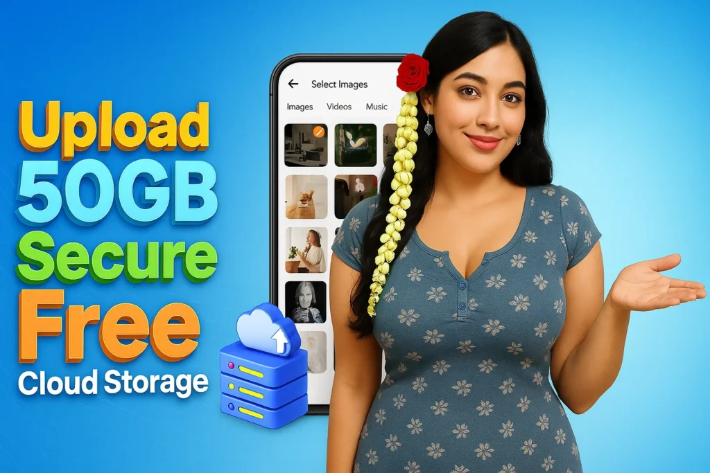"Indian woman in a blue floral top with jasmine and red rose hair decoration, smiling and pointing at bold text that reads 'Upload 50GB Secure Free Cloud Storage' beside a smartphone screen showing images, videos, and music folders. Bright blue background and 3D cloud upload icon emphasize modern digital storage with a traditional cultural touch—perfect for Facebook promotional posts, tech blogs, and app marketing."