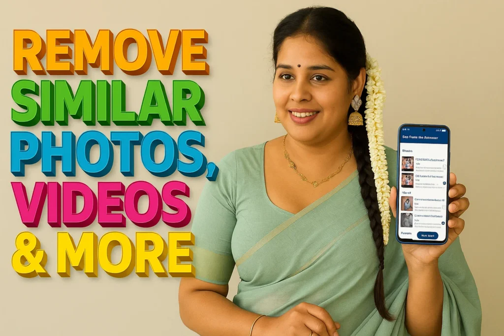 A smiling woman wearing a light green saree and traditional gold jewelry, with her hair in a braid adorned with white flowers, holds up a smartphone displaying a social media interface. To her left, large, colorful 3D text reads "REMOVE SIMILAR PHOTOS, VIDEOS & MORE" against a plain background.