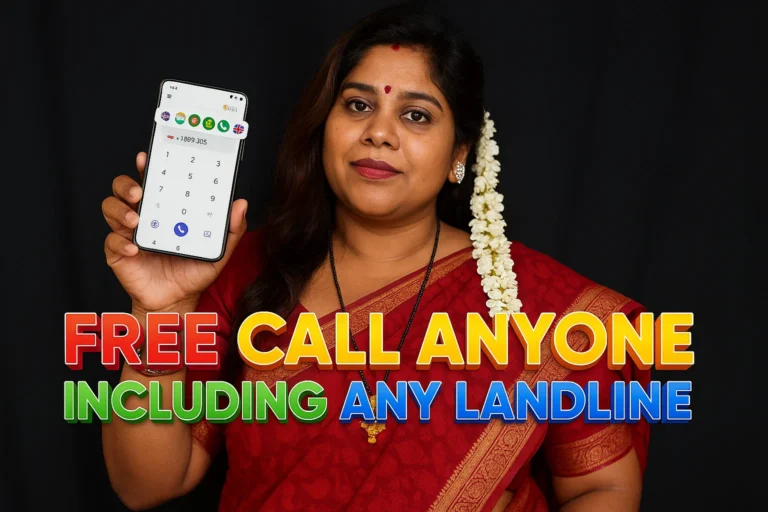 A smiling woman, likely of South Asian descent, with dark hair adorned with white flowers, is holding up a white smartphone with a dial pad displayed. She is wearing a red sari with gold jewelry. The background is solid black. Overlaid on the image in large, colorful, metallic-looking text are the words "FREE CALL ANYONE INCLUDING ANY LANDLINE".