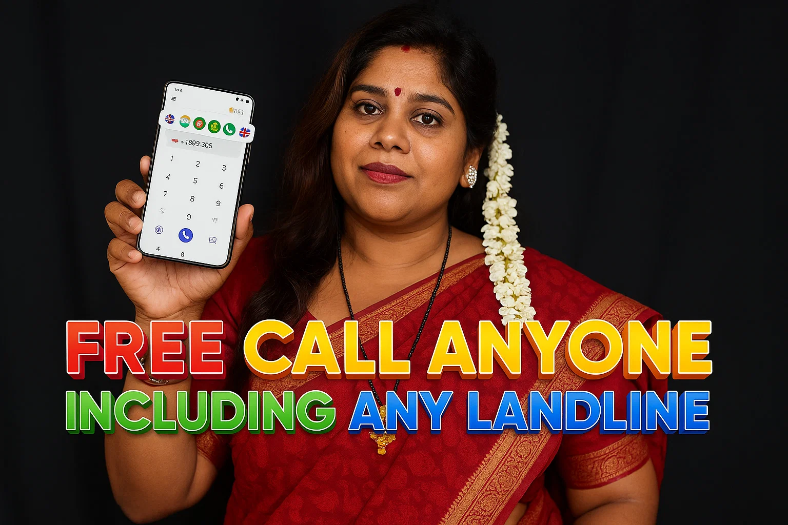 A smiling woman, likely of South Asian descent, with dark hair adorned with white flowers, is holding up a white smartphone with a dial pad displayed. She is wearing a red sari with gold jewelry. The background is solid black. Overlaid on the image in large, colorful, metallic-looking text are the words "FREE CALL ANYONE INCLUDING ANY LANDLINE".