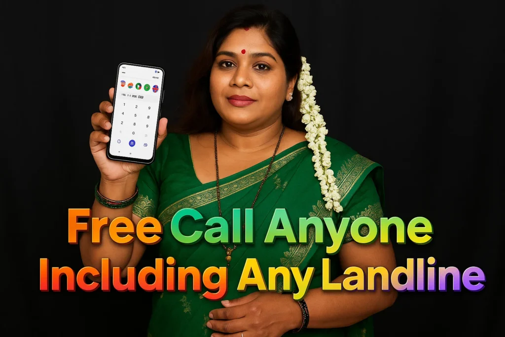 A smiling woman, likely of South Asian descent, with dark hair adorned with white flowers, is holding up a white smartphone with a dial pad displayed. She is wearing a green sari with a black necklace and bangles. The background is solid black. Overlaid on the image in large, colorful, metallic-looking text are the words "Free Call Anyone Including Any Landline".