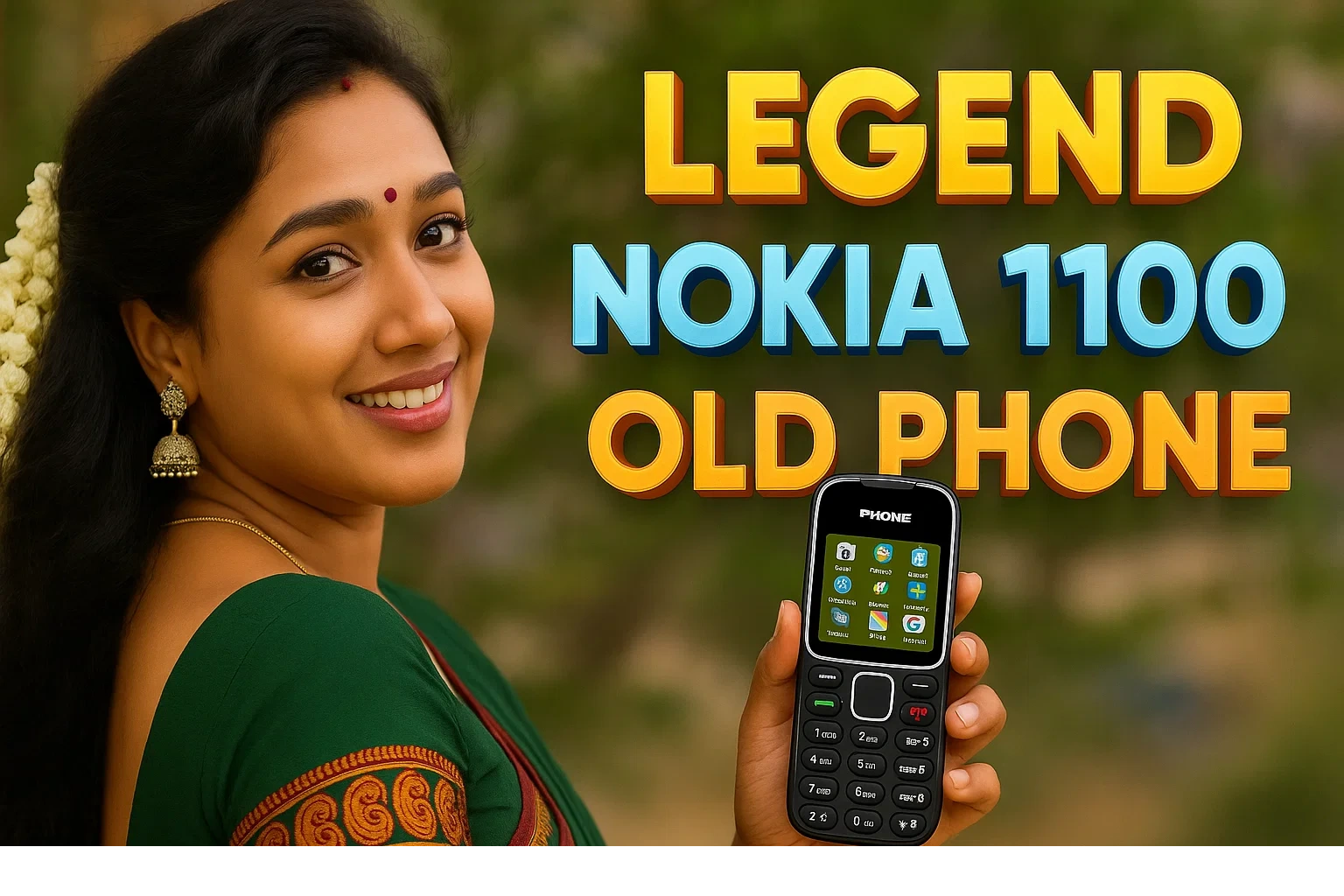 The image is a promotional graphic featuring a woman and a phone with overlaid text. On the left, a smiling woman with dark hair and a small bindi on her forehead looks towards the viewer. She is wearing a green saree with a red and gold patterned border and gold earrings. A garland of white flowers is visible in her hair on the far left. On the right, a black "Nokia 1100" style feature phone is held vertically, with its screen showing icons and its keypad visible. Large, bold yellow and blue text overlays the image, reading "LEGEND," "NOKIA 1100," and "OLD PHONE." The background is a blurred outdoor setting with green foliage.