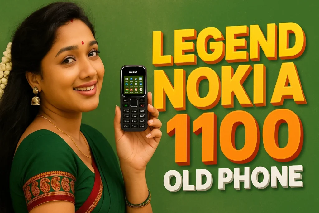 A promotional graphic with a woman and a phone against a green background, overlaid with text. On the left, a smiling woman with long dark hair, a small red bindi, and gold jhumka earrings looks towards the viewer. She is wearing a green saree with an intricate red and gold patterned border. White flowers are visible in her hair on the far left. In the center-right, she holds up a black feature phone, resembling a Nokia 1100, showing its screen and keypad. Large, bold, orange and yellow text on the right side reads "LEGEND," "NOKIA," "1100," and "OLD PHONE." The background is a solid green color.