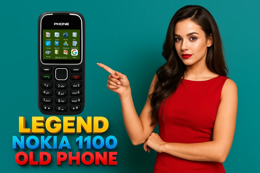 A promotional graphic with a woman, a phone, and overlaid text against a teal background. On the right, a woman with dark, wavy hair, wearing a red dress and red lipstick, points with her right index finger towards the left. On the left side of the image, a black feature phone, resembling a Nokia 1100, is displayed vertically, showing its screen with app icons and its keypad. Large, bold yellow, blue, and red text overlays the bottom left, reading "LEGEND," "NOKIA 1100," and "OLD PHONE." The background is a solid teal color.