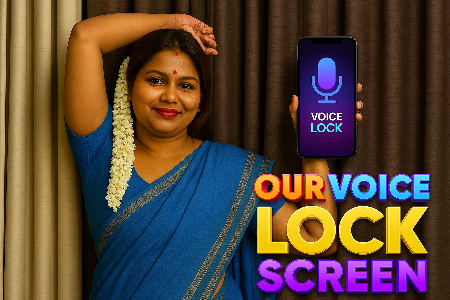 A smiling woman in a blue saree and jasmine flowers in her hair holds up a smartphone displaying a purple lock screen with a microphone icon and the words "VOICE LOCK." In front of her, large, colorful text reads "OUR VOICE LOCK SCREEN."