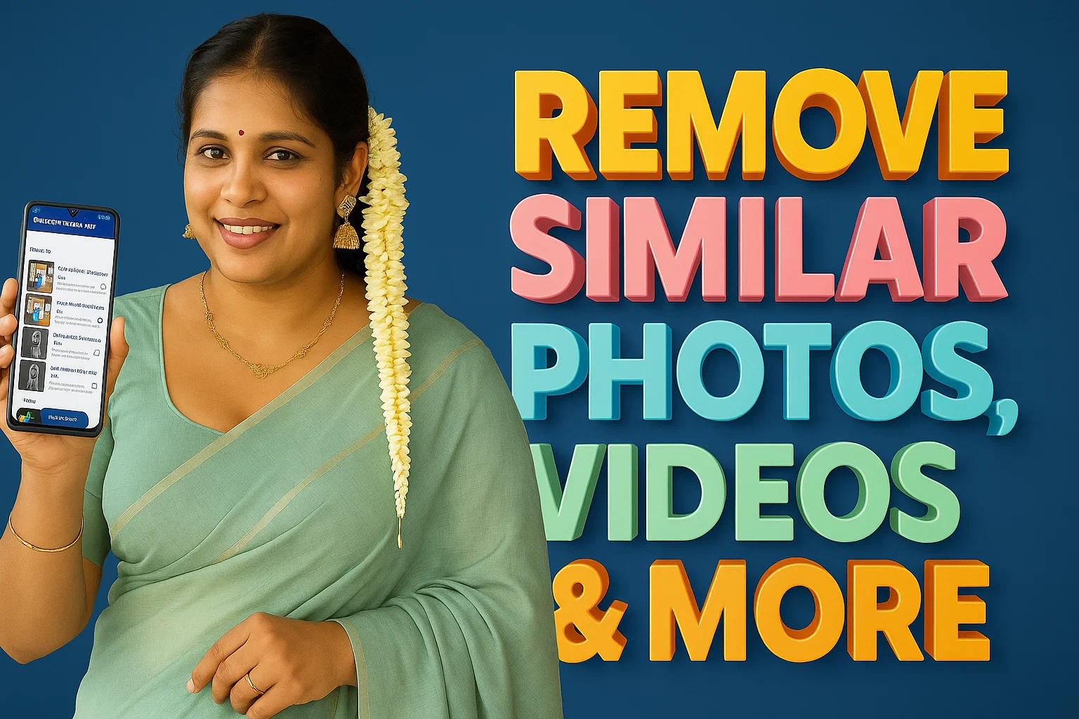 A smiling woman in a light green saree with jasmine flowers in her hair holds up a smartphone showing a list of contacts. To her right, large, colorful 3D text reads "REMOVE SIMILAR PHOTOS, VIDEOS & MORE" against a dark blue background.