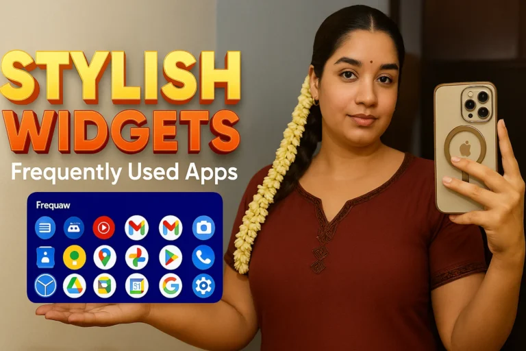 A woman with dark hair, styled with a long string of white flowers on one side, is looking directly at the viewer. She is wearing a maroon-colored top and a small bindi on her forehead. With her right hand, she is holding up a light-colored smartphone with multiple cameras visible on the back. Her left hand is open, palm up, and a blue graphic overlay appears as if resting on her hand. This graphic displays a grid of various app icons. To the left of the woman, in large yellow and orange text, it reads "STYLISH WIDGETS" and below that in smaller white text, "Frequently Used Apps". Below the main title, there is a small text "Frequaw". The background is blurred, showing an indoor setting.