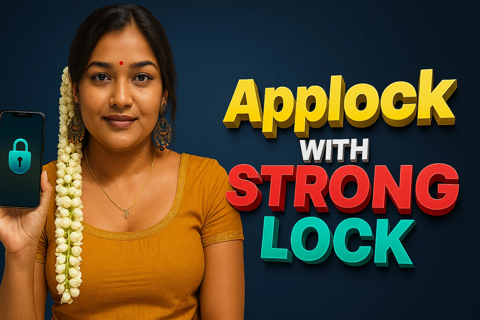 A smiling woman with dark hair adorned with jasmine flowers holds up a smartphone displaying a blue lock icon. The background is a dark blue gradient. To the right, large 3D text reads "Applock" in yellow, "WITH" in white, and "STRONG LOCK" in red and blue.