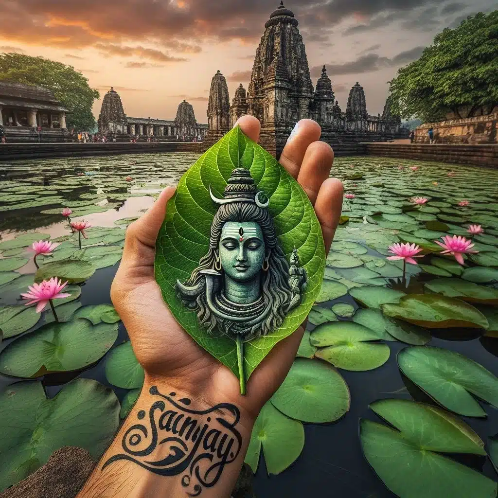 Maha Shivratri Name Images For Green Leaves on Hand