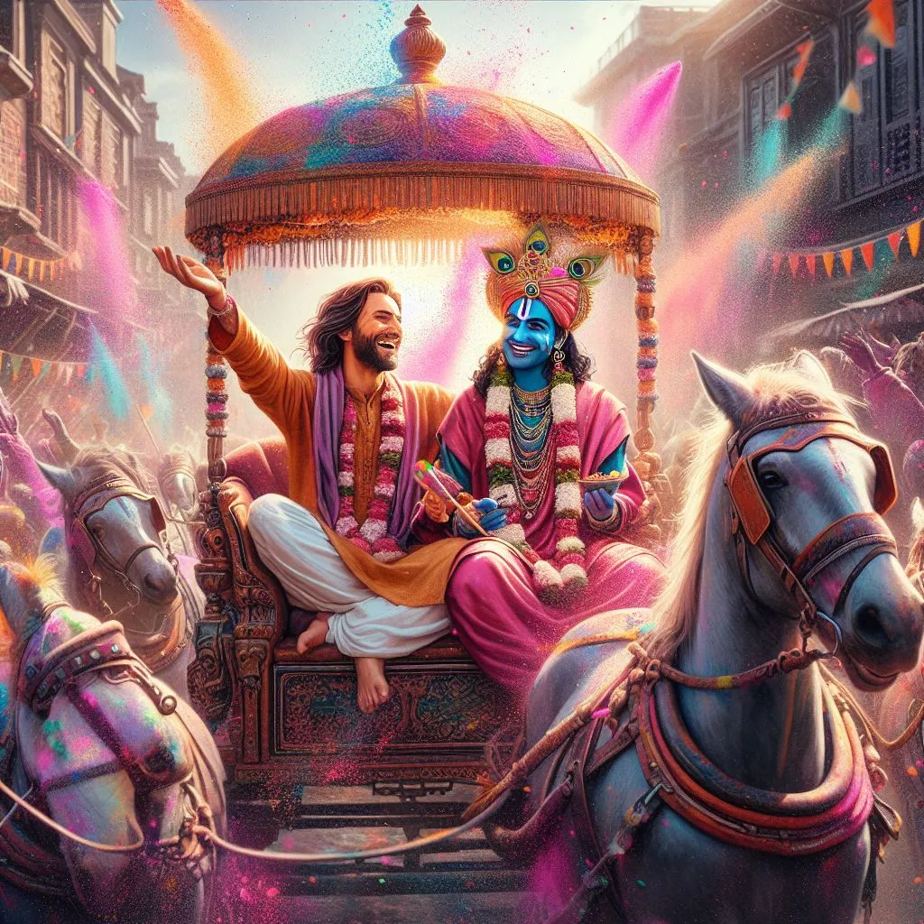 A photo of celebrating Holi in a horse carriage with Krishna, with a real human face