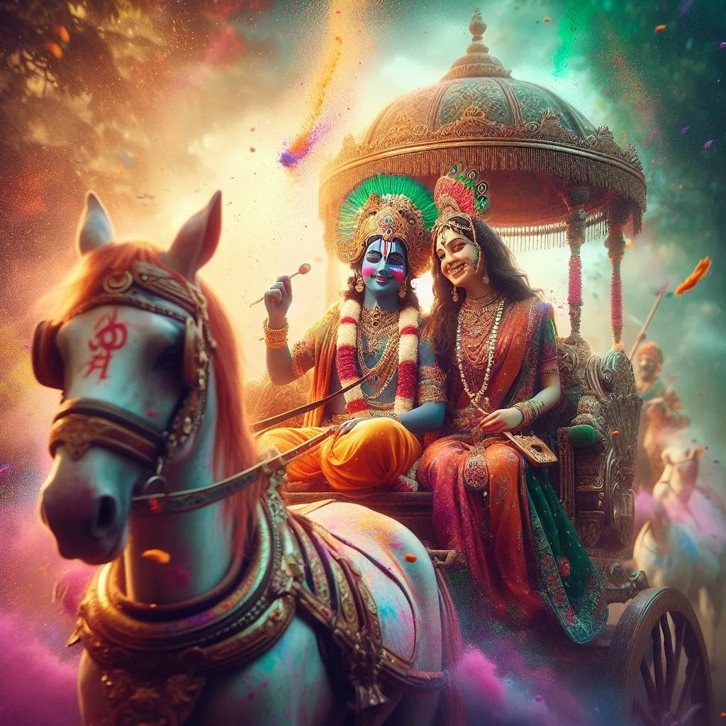 A photo of celebrating Holi in a horse carriage with Krishna, with a real human face