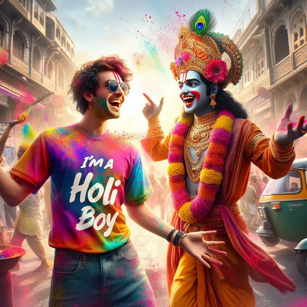 A photo of Krishna celebrating Holi in a vehicle with Real face