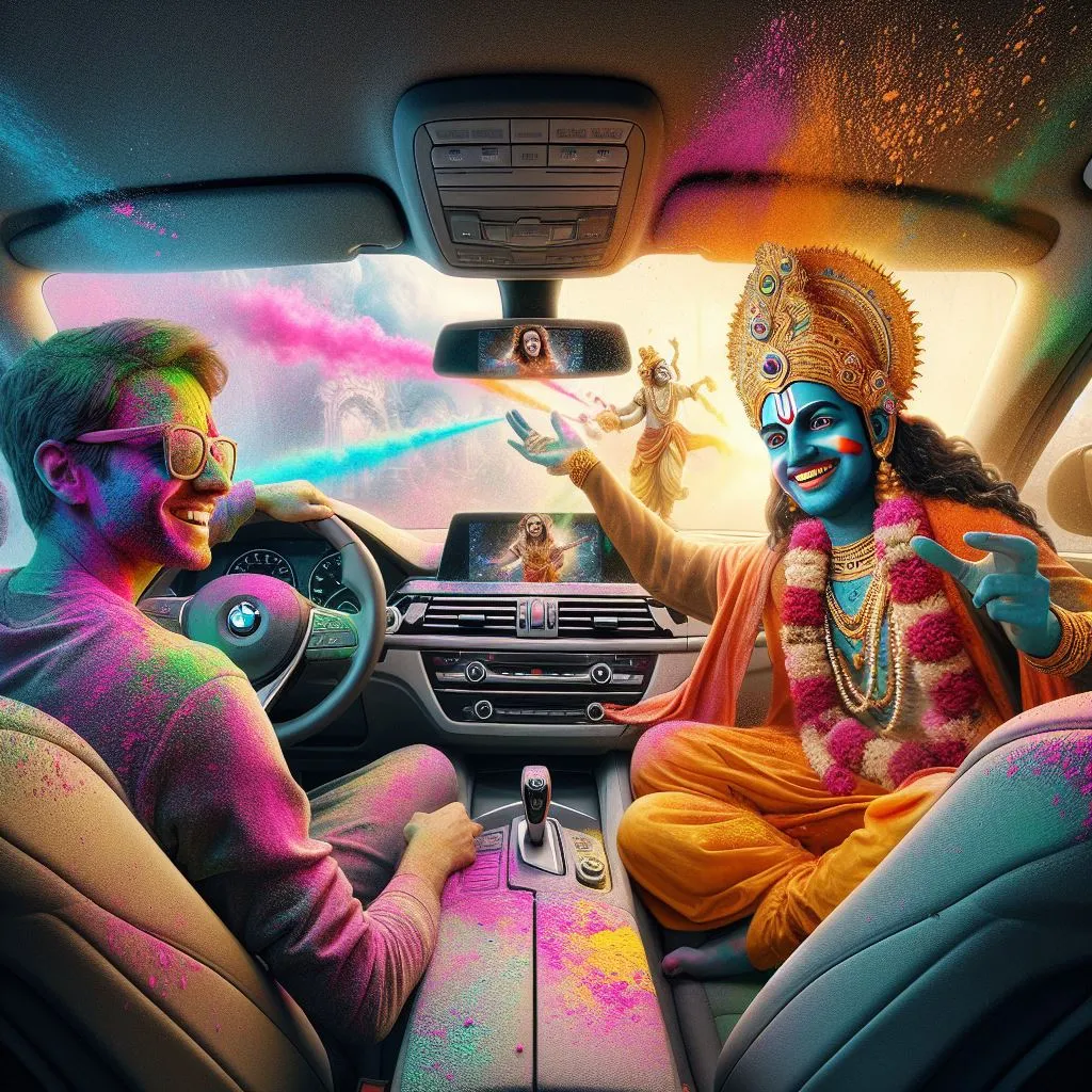A photo of celebrating Holi in a BMW car with Krishna, with a real human face.