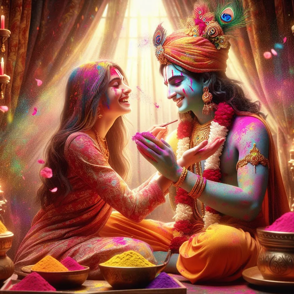 A photo of Krishna celebrating Holi at home with a real human face