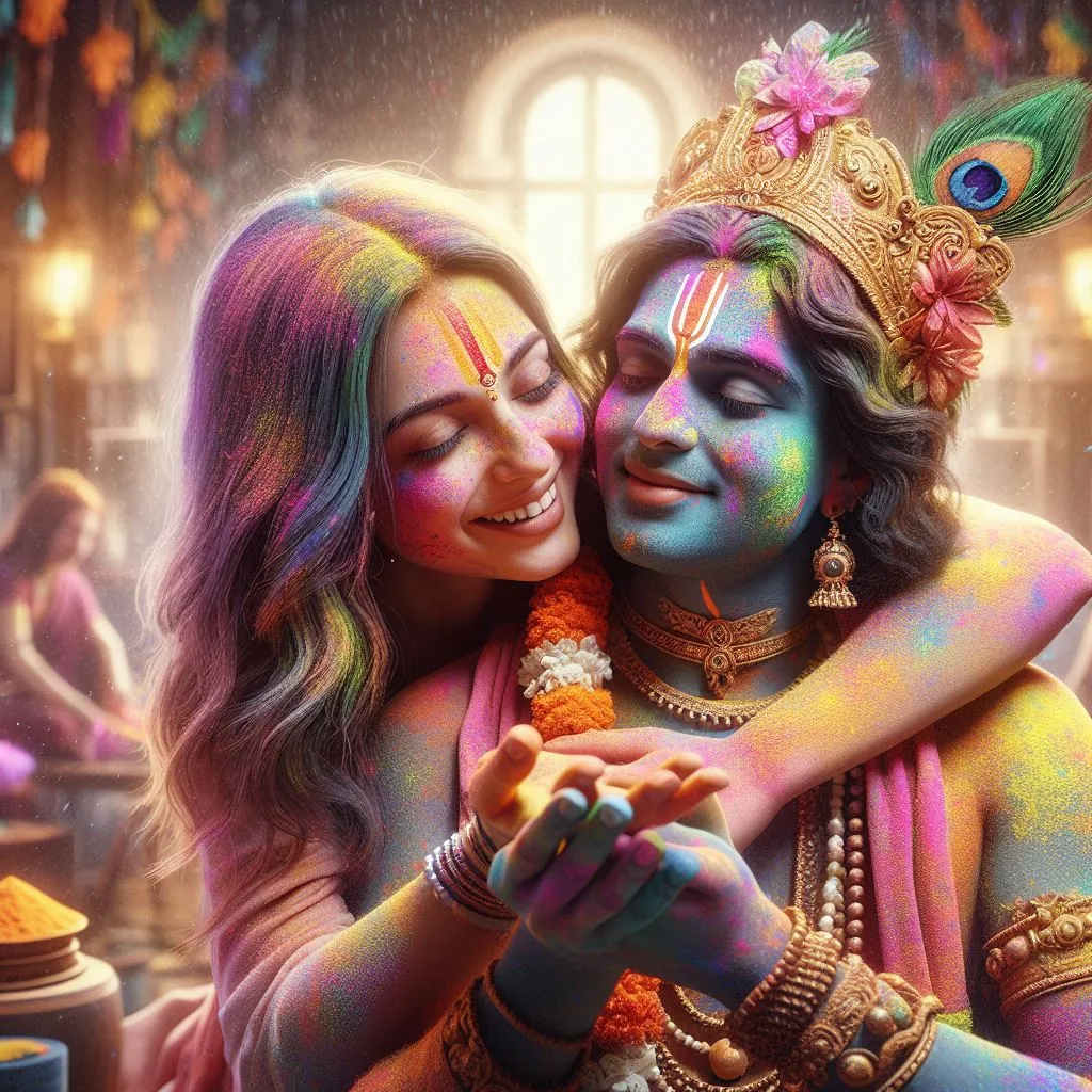 A photo of Krishna celebrating Holi at home with a real human face