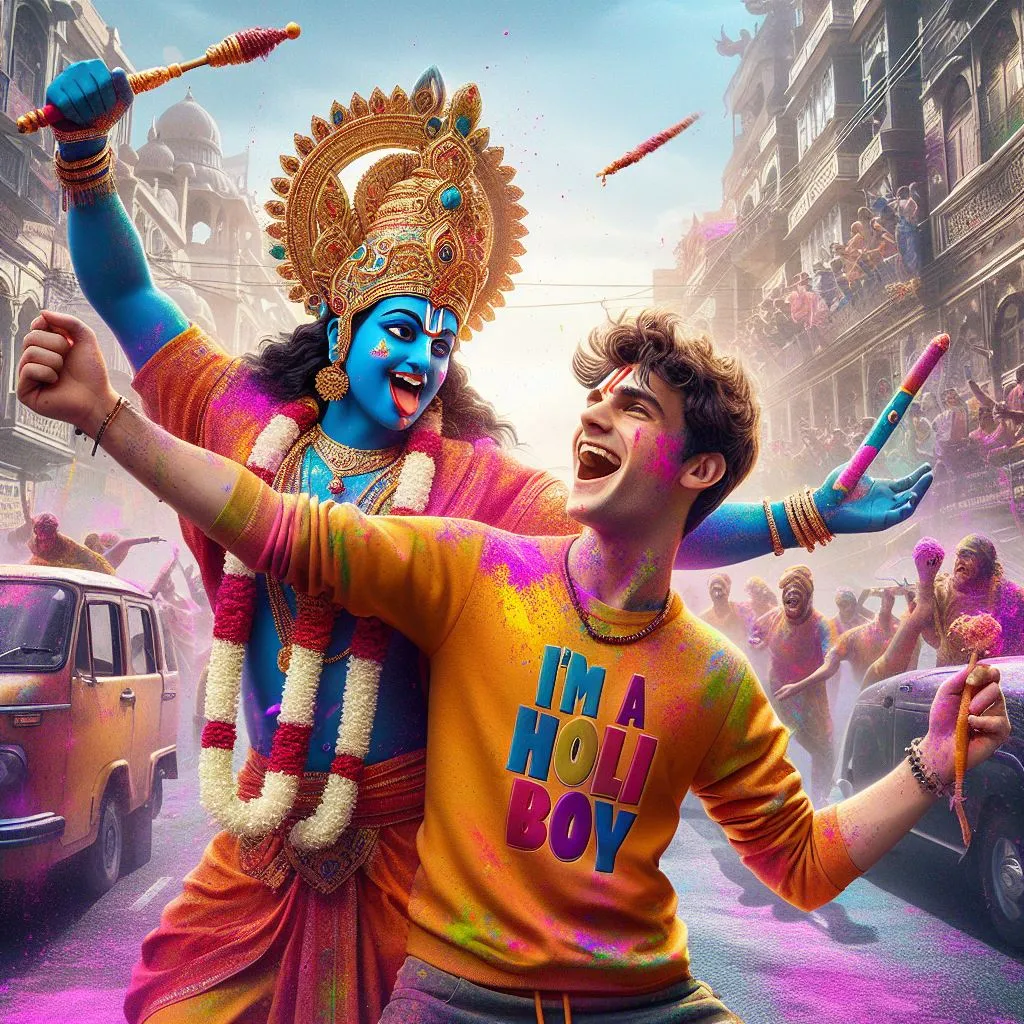 A photo of Krishna celebrating Holi in a vehicle with Real face