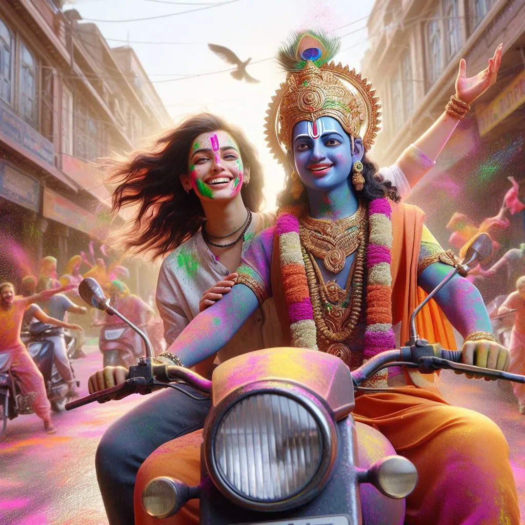 A photo of Krishna celebrating Holi on a two-wheeler with a real crest
