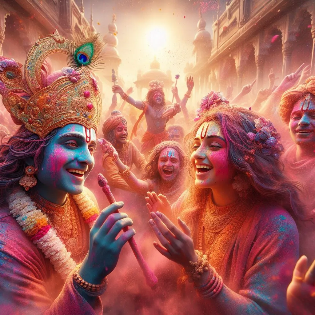 A photo of celebrating Holi with Krishna at Dwarka, with a real human face