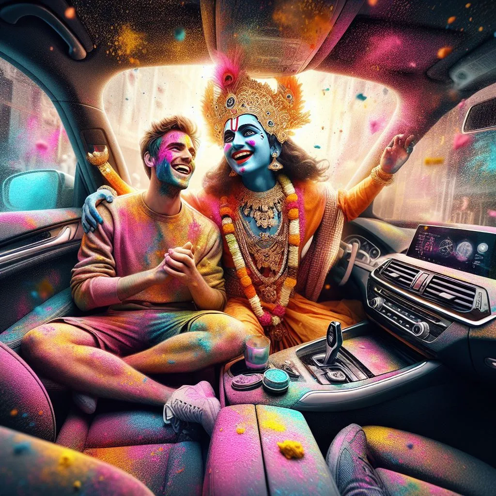 A photo of celebrating Holi in a BMW car with Krishna, with a real human face.