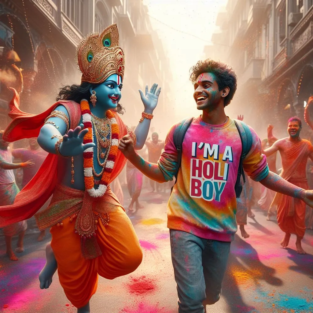 Celebrating Holi on the streets with Krishna.
