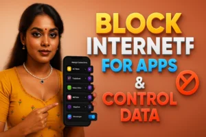 A woman with dark hair pulled back and adorned with a long string of white jasmine flowers draped over her left shoulder. She is looking directly at the camera with a subtle smile and pointing to a smartphone she is holding in her left hand. The smartphone screen displays a "Manage Connections" interface with a list of apps and toggles. She is wearing a mustard yellow top with a scooped neckline and a patterned border on the sleeves. A white beaded necklace with a black and silver pendant is around her neck, and gold earrings are visible. A red bindi is on her forehead. To her right, large orange and blue text reads "BLOCK INTERNET FOR APPS & CONTROL DATA," with a red no-entry symbol next to it. The background is a blurred orange and brown gradient.