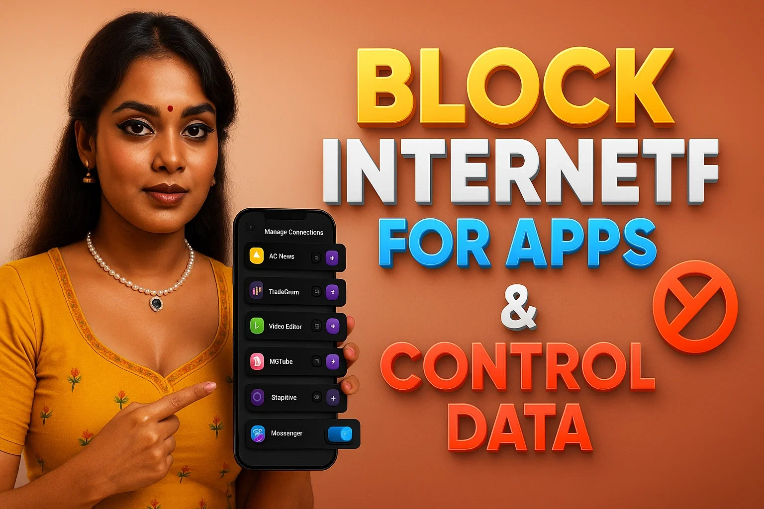 A woman with dark hair pulled back and adorned with a long string of white jasmine flowers draped over her left shoulder. She is looking directly at the camera with a subtle smile and pointing to a smartphone she is holding in her left hand. The smartphone screen displays a "Manage Connections" interface with a list of apps and toggles. She is wearing a mustard yellow top with a scooped neckline and a patterned border on the sleeves. A white beaded necklace with a black and silver pendant is around her neck, and gold earrings are visible. A red bindi is on her forehead. To her right, large orange and blue text reads "BLOCK INTERNET FOR APPS & CONTROL DATA," with a red no-entry symbol next to it. The background is a blurred orange and brown gradient.