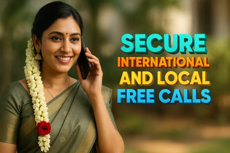 A smiling woman with dark hair pulled back is holding a black smartphone to her ear, appearing to be in a conversation. She is wearing a green saree with gold borders and traditional gold jhumka earrings. A long string of white flowers, possibly jasmine, with a red rose, is draped over her left shoulder. She has a bindi on her forehead and is looking towards the left with a joyful expression. To the right of the image, overlaid text in bold, colorful letters reads: "SECURE INTERNATIONAL AND LOCAL FREE CALLS". The background is a soft blur of green foliage, suggesting an outdoor setting.