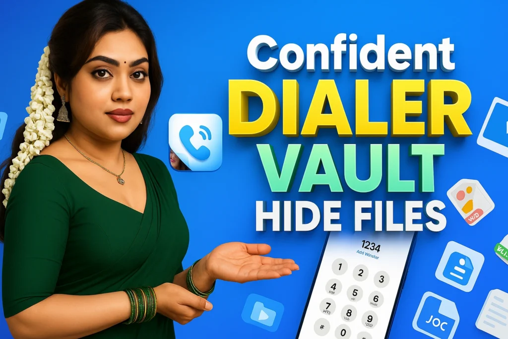 A promotional image for a "Confident Dialer Vault" app features a woman on the left and app interface elements on the right against a vibrant blue background. The woman, who has dark hair adorned with a string of white jasmine flowers, wears a dark green saree and multiple green bangles. She is looking at the viewer with a slight smile and has her right hand extended, palm up. Text on the right in large, bold, yellow and white letters reads "Confident DIALER VAULT HIDE FILES". Below this text, a stylized phone dialer screen shows numbers "1234" and "Add Number", along with other app icons like a file icon, a document icon, and a video play button.