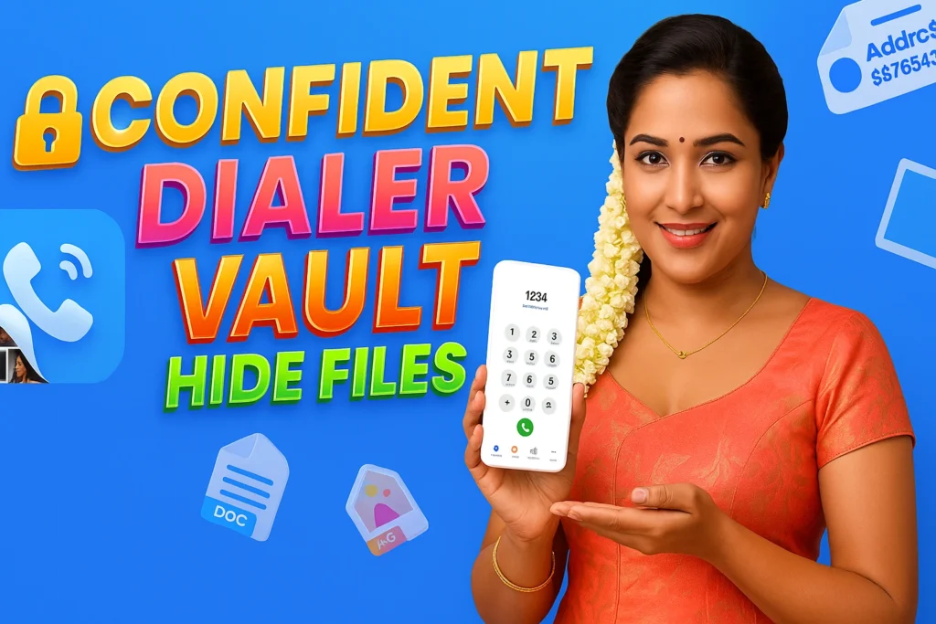 A promotional image for a "Confident Dialer Vault" app features a smiling woman on the right holding a smartphone displaying a dialer, and text and icons on the left, all set against a vibrant blue background. The woman, with her dark hair adorned with a string of white jasmine flowers, is wearing an orange or peach-colored traditional garment, possibly a saree or a blouse. She has a small bindi on her forehead and a gold necklace. Her left hand is extended, palm up, towards the center of the image. Large, bold text on the left in yellow, orange, and white reads "Confident DIALER VAULT HIDE FILES". Various app-related icons, including a phone icon, document icons, and an icon resembling a tag with "Addrc$" and "$$76543" are scattered around the text and the woman. The smartphone screen shows a keypad with numbers 0-9 and "1234" entered at the top.