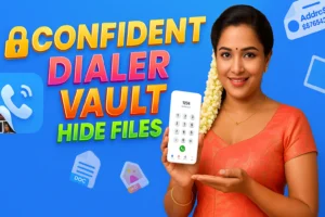 A promotional image for a "Confident Dialer Vault" app features a smiling woman on the right holding a smartphone displaying a dialer, and text and icons on the left, all set against a vibrant blue background. The woman, with her dark hair adorned with a string of white jasmine flowers, is wearing an orange or peach-colored traditional garment, possibly a saree or a blouse. She has a small bindi on her forehead and a gold necklace. Her left hand is extended, palm up, towards the center of the image. Large, bold text on the left in yellow, orange, and white reads "Confident DIALER VAULT HIDE FILES". Various app-related icons, including a phone icon, document icons, and an icon resembling a tag with "Addrc$" and "$$76543" are scattered around the text and the woman. The smartphone screen shows a keypad with numbers 0-9 and "1234" entered at the top.