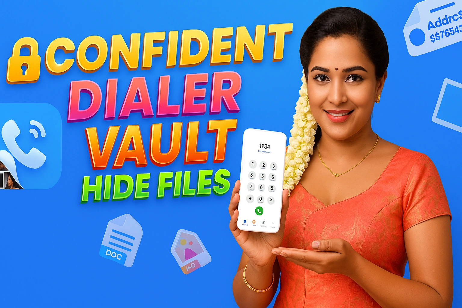 A promotional image for a "Confident Dialer Vault" app features a smiling woman on the right holding a smartphone displaying a dialer, and text and icons on the left, all set against a vibrant blue background. The woman, with her dark hair adorned with a string of white jasmine flowers, is wearing an orange or peach-colored traditional garment, possibly a saree or a blouse. She has a small bindi on her forehead and a gold necklace. Her left hand is extended, palm up, towards the center of the image. Large, bold text on the left in yellow, orange, and white reads "Confident DIALER VAULT HIDE FILES". Various app-related icons, including a phone icon, document icons, and an icon resembling a tag with "Addrc$" and "$$76543" are scattered around the text and the woman. The smartphone screen shows a keypad with numbers 0-9 and "1234" entered at the top.