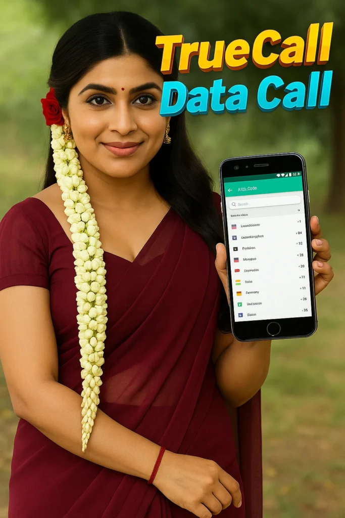 A promotional image for the TrueCall app showing a smiling South Asian woman in a burgundy saree with jasmine and a red rose garland in her hair, standing in a natural park setting. She holds a smartphone displaying the TrueCall app's international dialing screen. Bold, 3D-style text reads “TrueCall” in bright yellow and “Data Call” in blue, capturing attention and clearly promoting the app’s global free calling features.