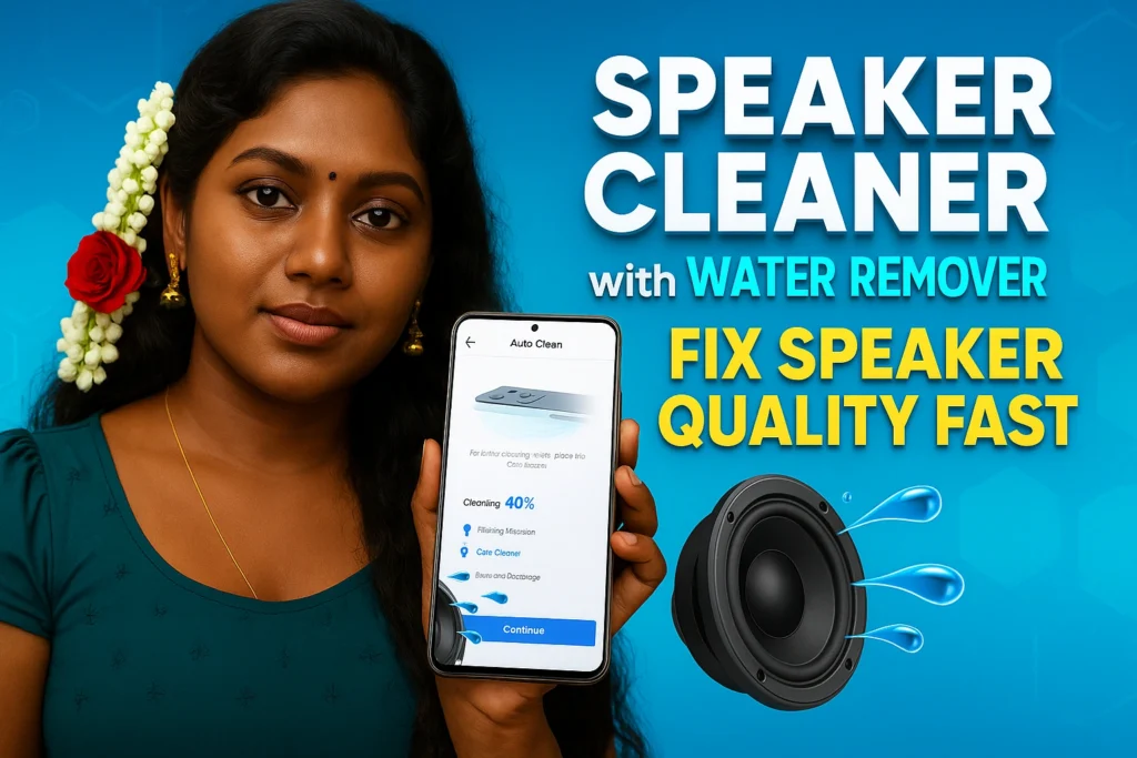 "South Indian woman in traditional style with jasmine and red rose garland in hair, holding a smartphone displaying 'Auto Clean' app screen, promoting 'Speaker Cleaner with Water Remover – Fix Speaker Quality Fast' with bold text and water-splash speaker icon on blue tech background."