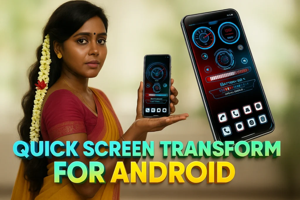 A woman with dark skin and dark hair, adorned with a long string of white flowers and a red rose, holds up two smartphones. The screens display futuristic interfaces with circular gauges and battery indicators. The text "QUICK SCREEN TRANSFORM FOR ANDROID" is prominently displayed below.