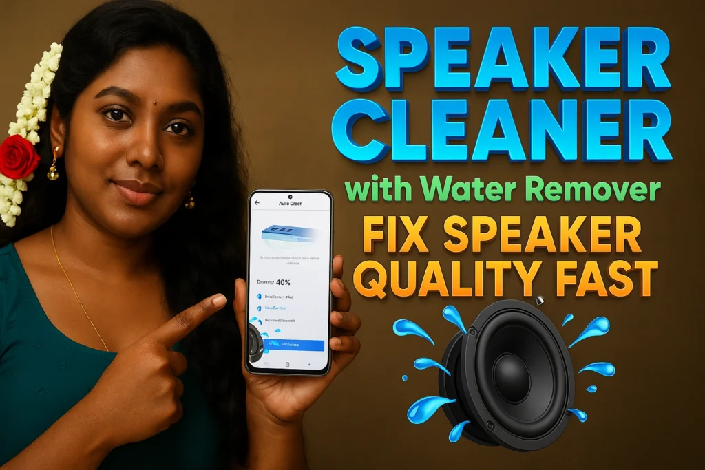 "Confident South Indian woman in traditional attire holding a smartphone showing speaker cleaner app interface, with bold text promoting 'Speaker Cleaner with Water Remover – Fix Speaker Quality Fast' and a black speaker icon with water splash effect – tech utility app promotion visual."