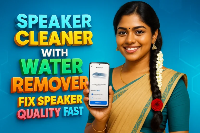 South Indian woman in a traditional saree smiling confidently while holding a smartphone displaying the Speaker Cleaner with Water Remover app; vibrant 3D text beside her reads “Fix Speaker Quality Fast” on a bright blue tech-style background.