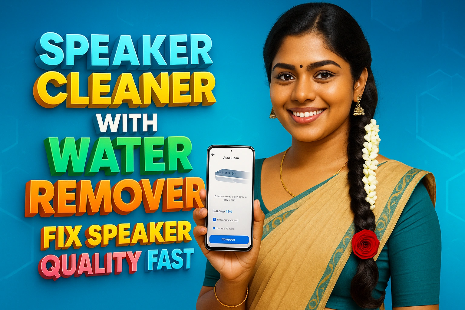 South Indian woman in a traditional saree smiling confidently while holding a smartphone displaying the Speaker Cleaner with Water Remover app; vibrant 3D text beside her reads “Fix Speaker Quality Fast” on a bright blue tech-style background.
