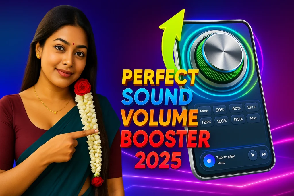 "A woman in a maroon and teal saree with jasmine and rose garland in her hair pointing at a graphic that reads 'Perfect Sound Volume Booster 2025', featuring a digital volume knob and control interface on a vibrant neon background."