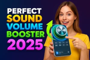 "A cheerful woman in a yellow shirt holding and pointing at a futuristic sound control interface with a large volume knob, next to colorful text that reads 'Perfect Sound Volume Booster 2025' on a dark gradient background."
