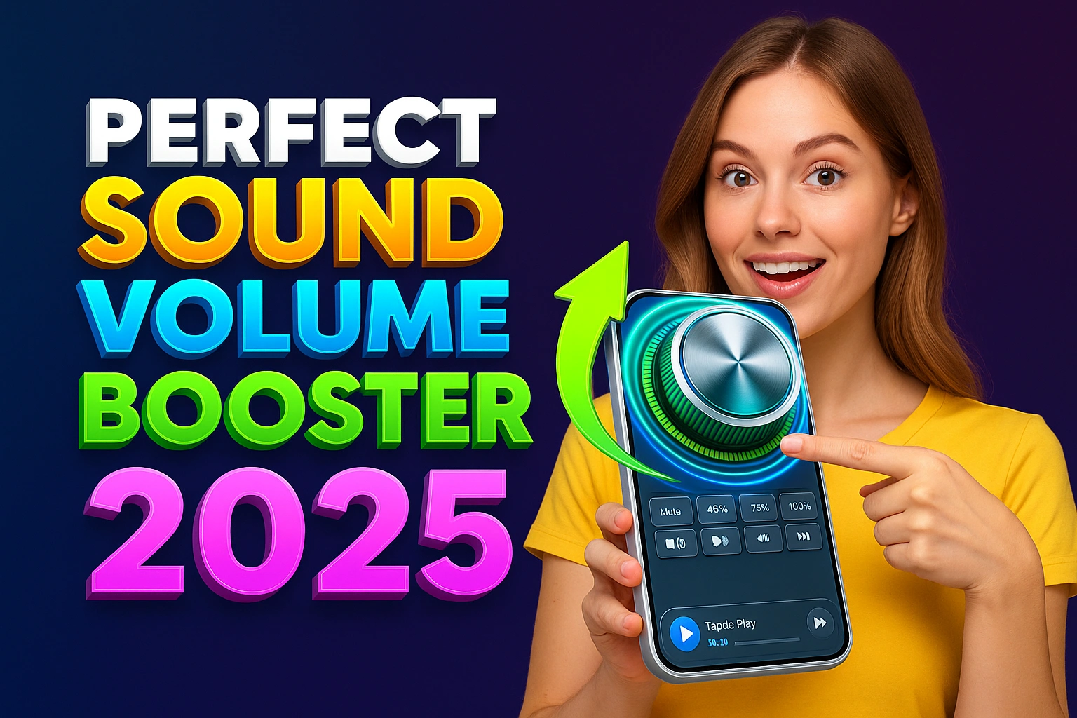 "A cheerful woman in a yellow shirt holding and pointing at a futuristic sound control interface with a large volume knob, next to colorful text that reads 'Perfect Sound Volume Booster 2025' on a dark gradient background."